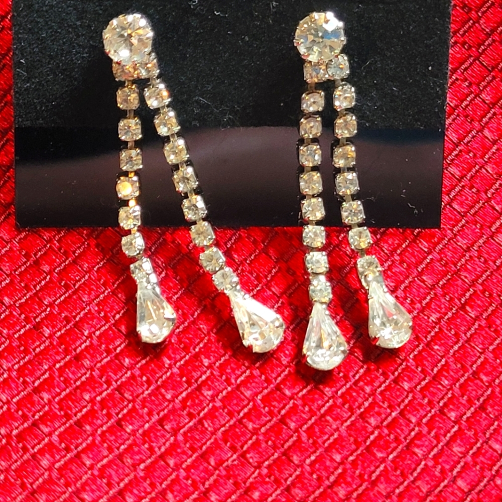 Dangle Double Strand Rhinestone Post Earrings, Silver, 1.5" long Holiday Bling